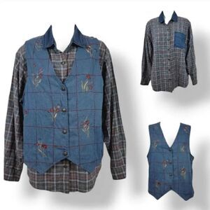 Vintage 2PC Casey & Max Chambray Button Down Shirt and Vest Coord Set Size M